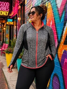 Activezone Zip Up Jacket Grey Black Coral Trim Thumbhole Size X/1X